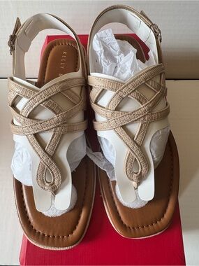 Kelly & Katie Neutral Braided T-Strap Sandals in Beige